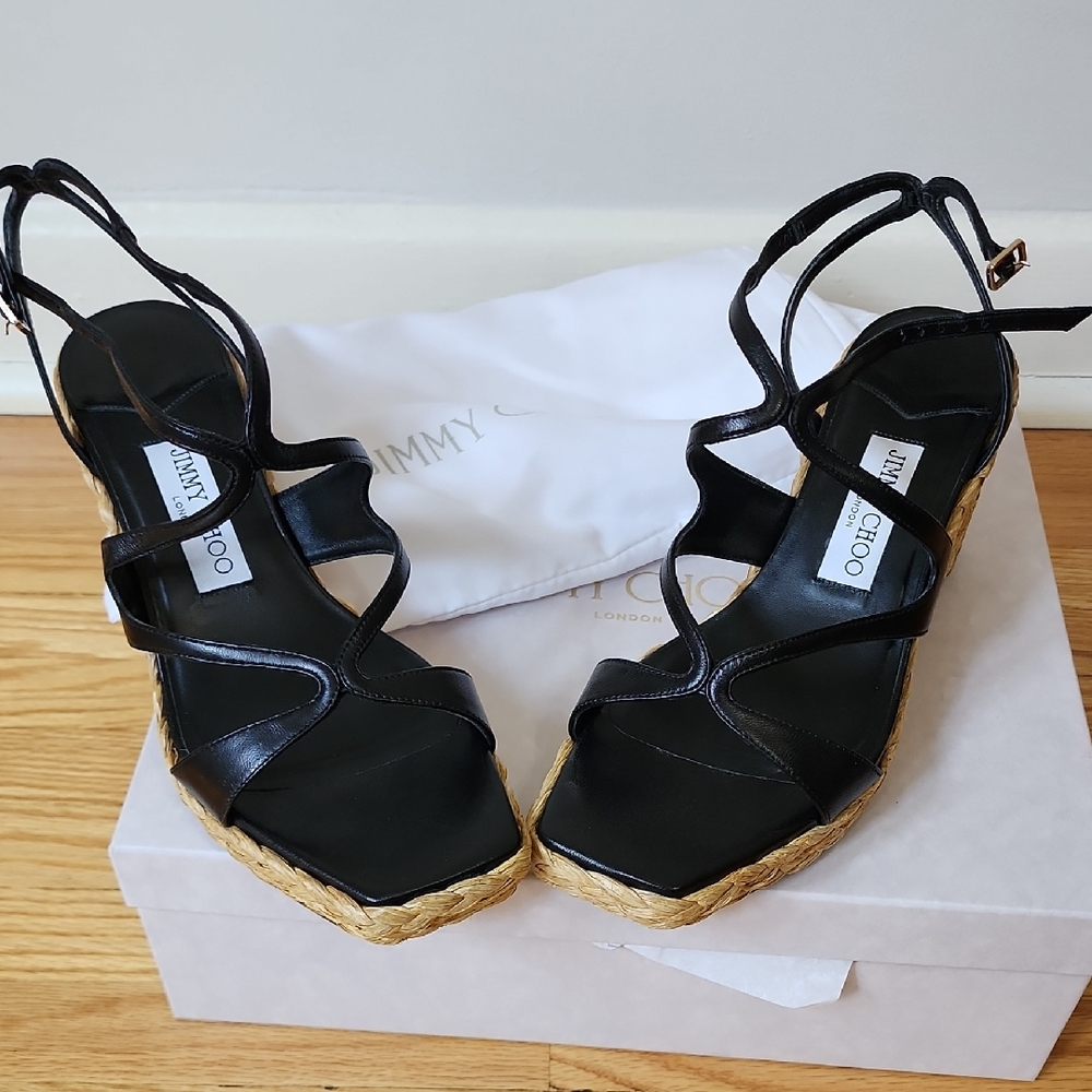 Jimmy Choo Black Wedge Sandals, Size 9